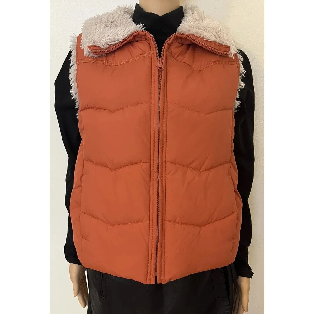 Vintage Y2K Baileys Point Orange Quilted Puffer Faux Fur Trim Womens Vest Size L
